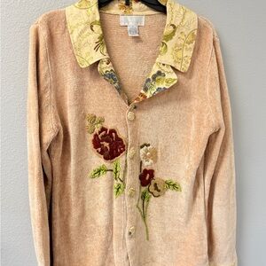 Soft Surroundings Floral Embroidered Cardigan Velvet Chenille Size L